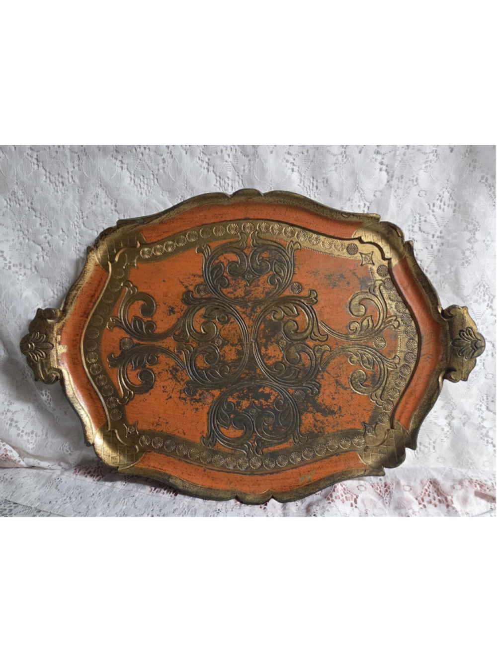Vintage Italian Florentine Tray – Large Orange & Gold Baroque Serving Tray